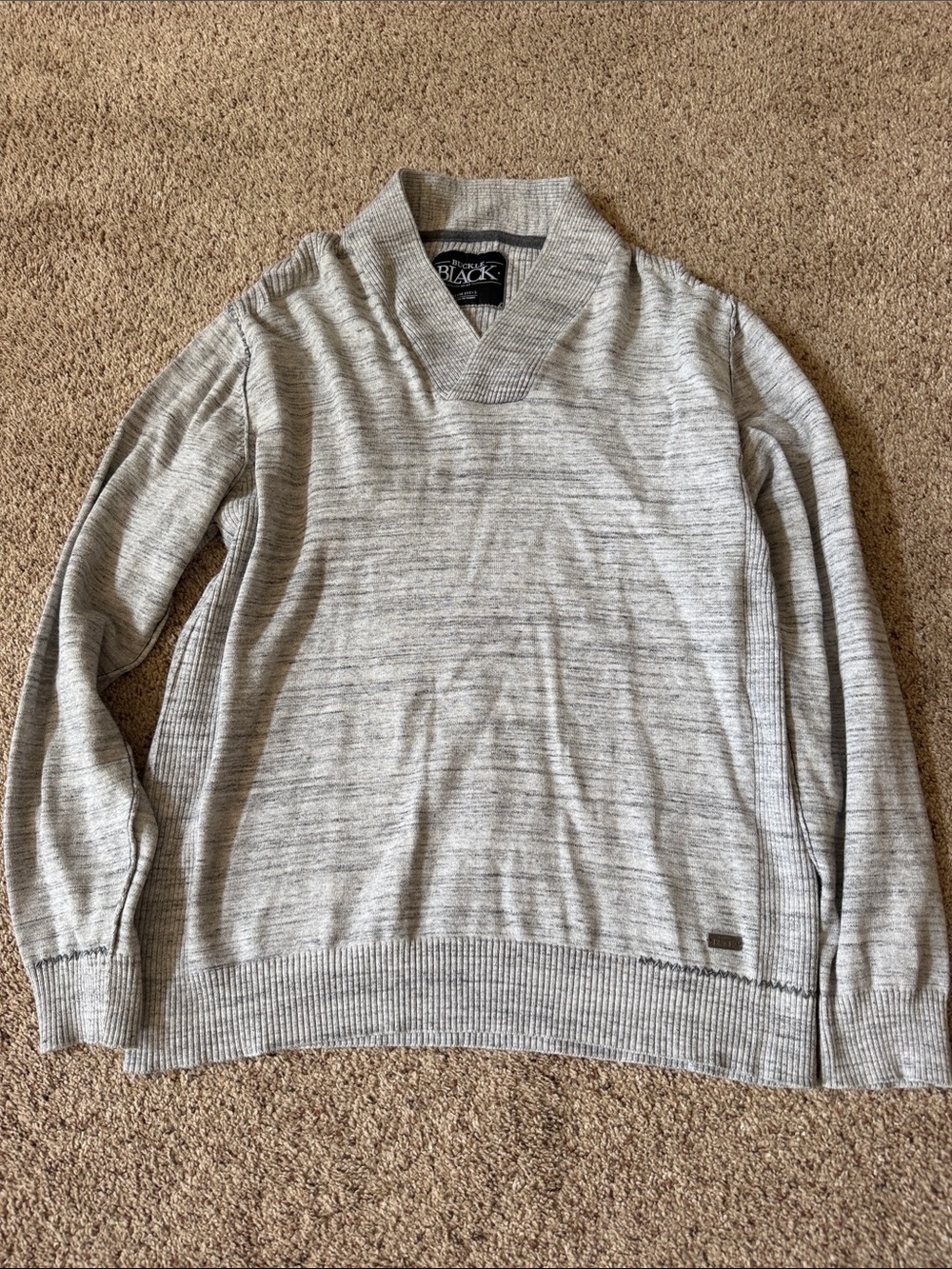 Buckle Light Gray V-Neck Shawl Collar Sweater